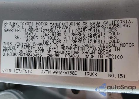 2007 Toyota Tacoma Prerunner V6 z USA, uszkodzony, nr VIN 3TMJU62NX7M048455